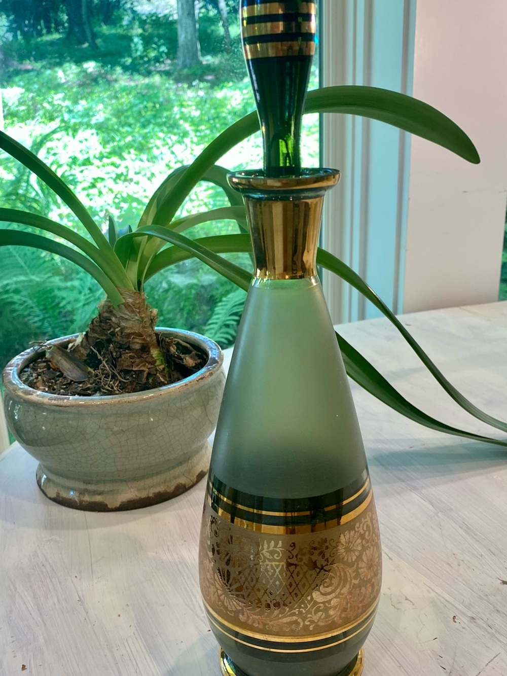 Bohemia Vtg Green Frosted Glass Decanter w 24 k Gold Accents.  Ground stopper.